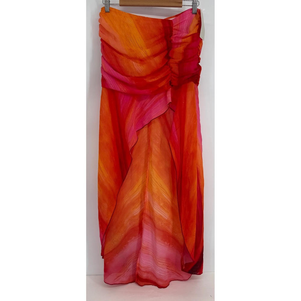 Musera Womens Strapless Ruched Tulip Midi Dress Orange Pink Ombre Sz S NEW